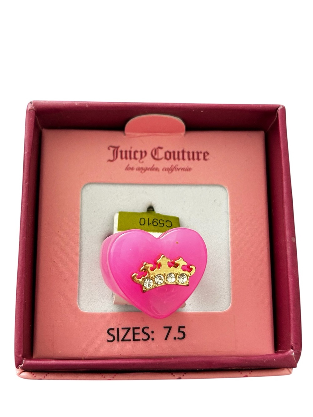 Juicy Couture Bright Pink Heart Ring with Gold Crown and Crystals